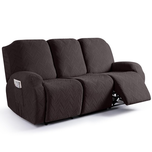 Ruaozz Stretch Recliner Sofa Covers 3-Pieces Reclining Couch Covers with Pockets Jacquard Reclining Sofa Covers 3 Seater Soft Washable Furniture Protector with Elastic Bottom (3 Seater, Chocolate)