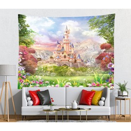 Loccor Castle Tapestry Polyester Dreamy Princess Castle Tapestry Wedding Birthday Party Banner Fairy Tale Flowers Mountain Wall Hanging Wall Art Home Decor for Bedroom Living Room Dorm 60x50 Inches