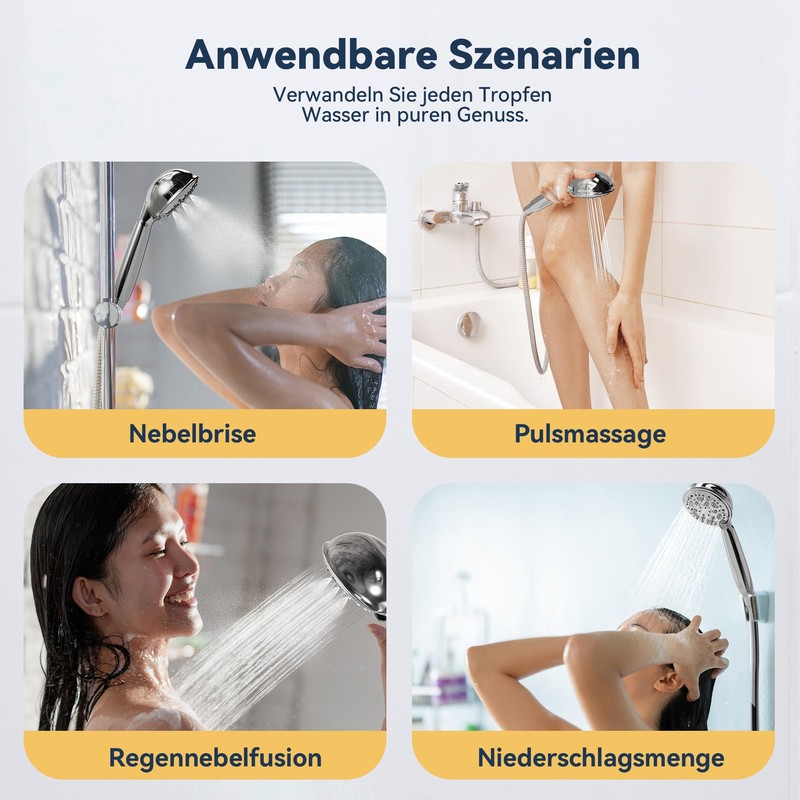 HNNHOME HydroPulse 100 mm Handbrause Hochdruck-Duschkopf, 6 Sprühmodi, universeller Power-Duschkopf-Ersatz