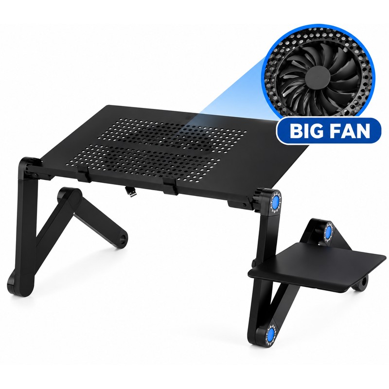 Folding Aluminum Laptop Table with Dual Cooling Fans, Adjustable Notebook