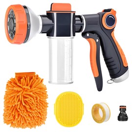 Garden Hose Nozzle, Dog Washing Hose Attachment, 8 Patterns Hose Sprayer High Pressure Metal Water Hose Nozzle with Soap Dispenser Bottle Dog Bath Brush Car Washing Mitt for Pet Garden Car Washing