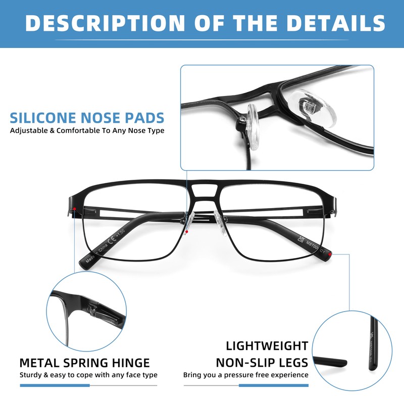 MODFANS 3er-Pack Lesebrille Herren Blaulichtfilter Metallrahmen Rechteck Stil Edelstahl Material