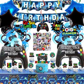 PLHDOR Video Game Birthday Party Decorations,Gaming Happy Birthday Banner Latex and Foil Gamer Balloons TableCloth Stickers Party Supplies for Boys Adults