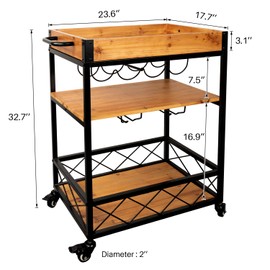 Home Bar Cart 3-Tier Shelves Rolling Serving Cart,Bar Carts for The Home, 24x18 Mini Home Wine Bar Cart with Wine Rack and Glass Holder, Kitchen Cart, Natural Brown
