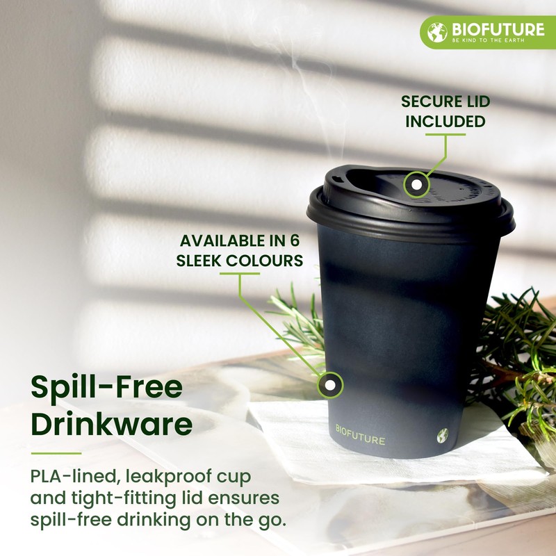BIOFUTURE Biodegradable Coffee Cups – 50 x 6oz – 16oz