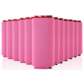 Slim Can Cooler Sleeves 12 Pack– Blank Foldable Neoprene 12oz Can Insulators – Skinny Beverage Coolers for Beer & Soda – Sublimation-Ready (Pink)