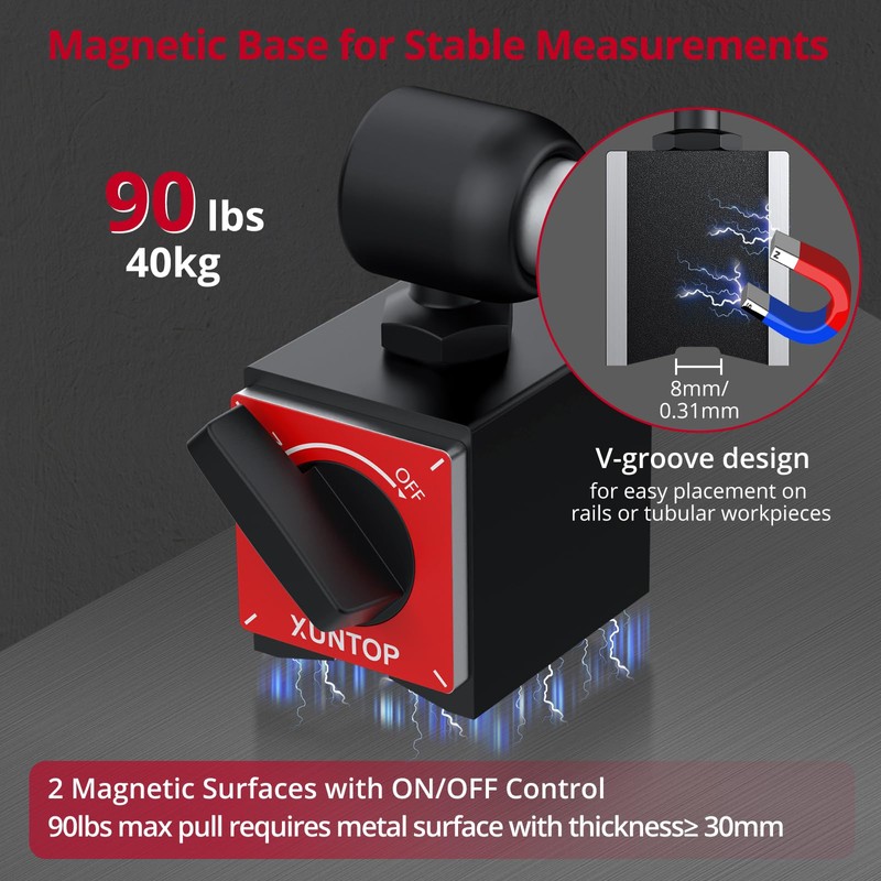 XUNTOP 0-1inch/0.0005inch Dial Digital Indicator and 90lbs (40kg) Magnetic Base