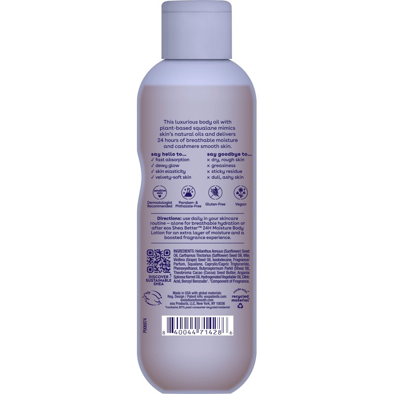 eos Cashmere Body Oil, Vanilla Cashmere, 24 Hour Moisture, Plant-Based