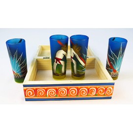 Mexican Tequila Shot Glasses Hand Painted Poncho Agave Cactus and Wood Display Box Set of 4