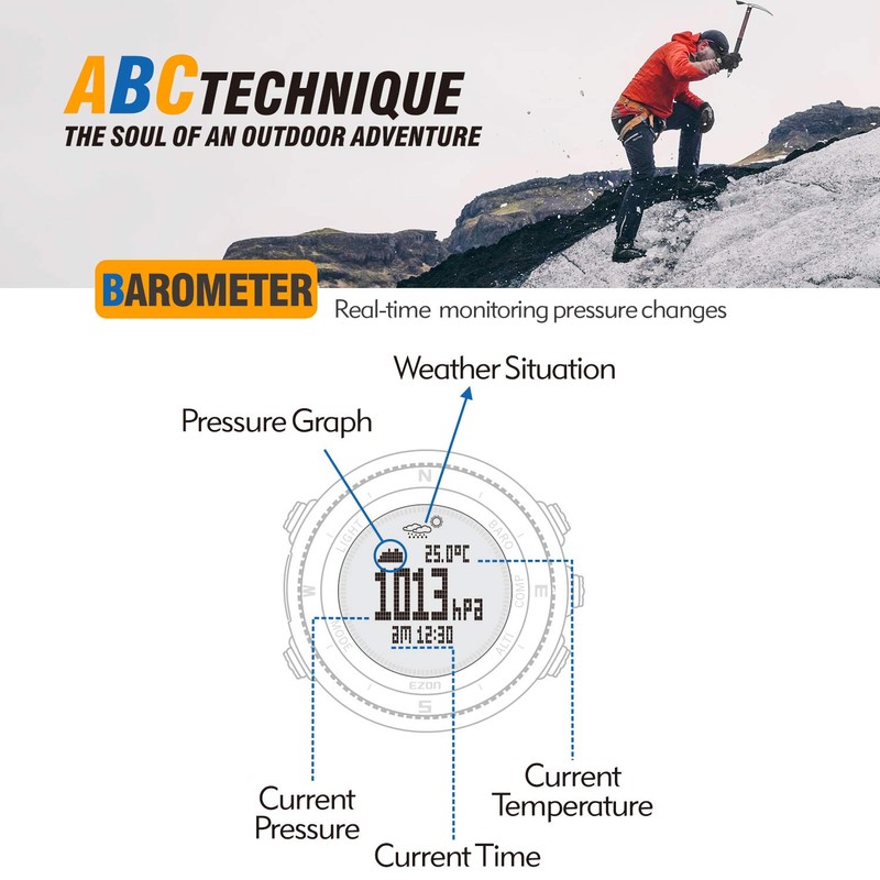 ハイキングウォッチ 登山時計 高度計 IP67防水防塵 コンパスウォッチ メンズスポーツウォッチ バロメータ温度計付き 天気予報 快適な耐久時計 ブラック