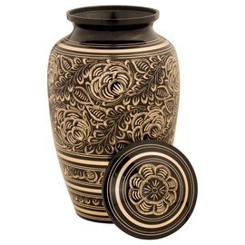 Silverlight Urns Villarose Brass Cremation Urn, Black and Gold, Floral Pattern, Adult Size, 10.25 Inches High