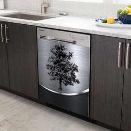 Kitchen Decor Black Realistic Stainless Steel Tree Dishwasher Magnet Decorative Lid, Magnetic Dishwasher Front Lid, Magnetic Refrigerator Door Lid Sticker 23" x 26"