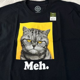 DOM mens NEW Tee meme Cat Meh. Black short sleeve XL crew