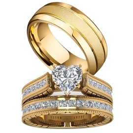 ringheart Couple Rings Matching Ring Heart CZ Gold Plated Women Wedding Ring Sets for Him and Her Ring Sets, women size9 & men size11, Metal Crystal rhinestone, Cubic Zirconia