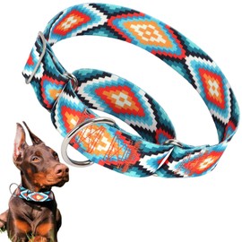 1.5 Inches Martingale Collar for Dogs,Adjustable Heavy Duty Training Collars with Blue African Tribal Mexican Native Boho Pattern, No Slip Dog Collar Perfect for Training, Walking, Hunting(M)