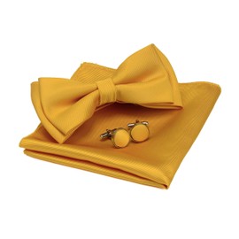 Mens Solid Gold Bow tie for Wedding Pre-tied Yellow Bowtie and Pocket Square Cufflink Sets (0577-14)