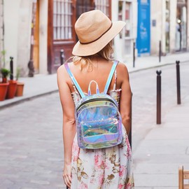 OATIPHO Clear Backpack, Holographic Backpack Shiny Iridescent Bookbag Transparent Small Rave Backpack Fashion Daypack Hologram Travel Makeup Bag