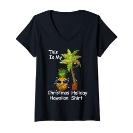 Women's Hawaiian Shirt Christmas Holiday Funny Hawaiian Xmas T-Shirt V-Neck, black