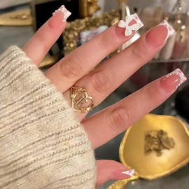 French Tip Press on Nails Square Medium Fake Nails with Small Flower Designs Short Coffin Nail Tips Full Cover False Nails 3D Bow Nails Press ons Cute Glossy Acrylic Nails for Women Manicure Tip 24Pcs