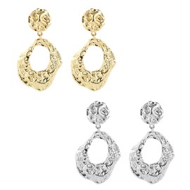 WCRAZYE Hammered Earrings for Women Exaggerated Boho 14K Gold Plated Geometric Posts Teardrop Statement Dangle Earrings Boho Hammer Earrings Irregular Gold Stud Earrings Trendy Bohemian Jewelry Gift (Gold Silver Oval)