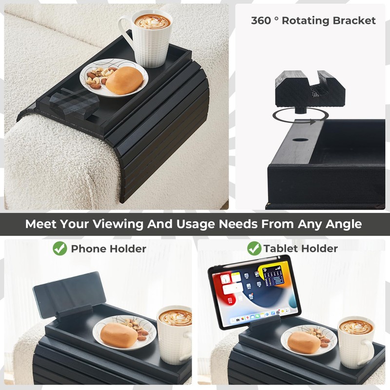 LOVYANXUE Bamboo Sofa Arm Tray Armrest Table with 360° Rotating