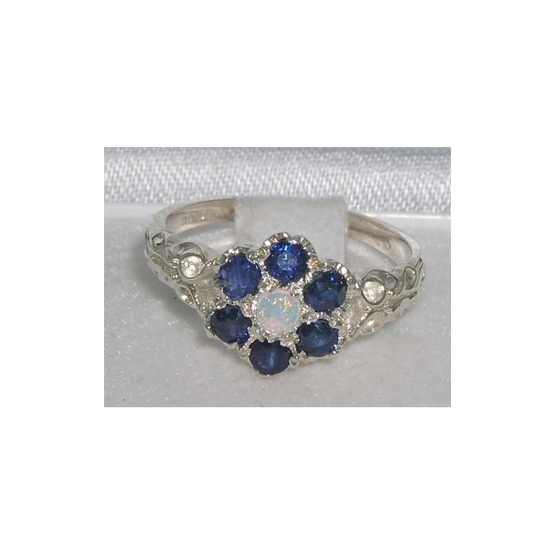 Victorian Ladies Solid Sterling Silver Natural Fiery Opal & Sapphire