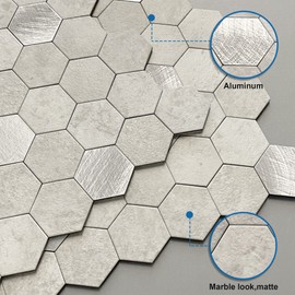 MOFIT Hexagon Peel and Stick Backsplash Tiles Kitchen,Self-Adhesive Metal and Marble Honeycomb Peel and Stick Wall Tiles Sticker Mosaic Heat Resistant(Cement Grey,10sheets)