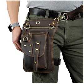 Le'aokuu Mens Genuine Leather Messenger Hiking Waist Hip Bum Pack Drop Thigh Leg Bag 2141 (2141-A Brown)