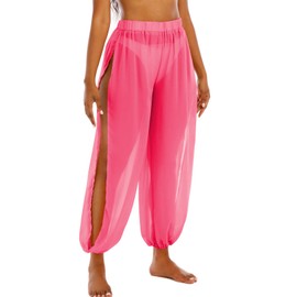 American Trends Womens Swimsuits Cover Up Pants for Women Ruffle High Waist Swimwear Pants Sheer Beach Bikini Bottoms, Rose Red, Small