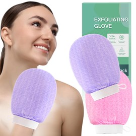 2 Pack Exfoliating Glove Mitt – Double-Sided for Radiant, Smooth Skin – Gently Removes Dead Skin & Enhances Circulation – Reusable and Long-Lasting Design(Pink Purple)