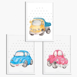 Sunnywall® Set of 3 Posters for Children's Room A4 Pictures Baby Room Children's Poster Without Picture Frame Decorative Girl Boy Car Cars