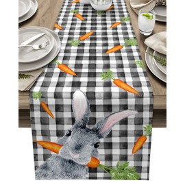 Happy Easter 13x70inch Burlap Table Runners, Bunny Carrot, Cotton Linens Table Runner Cloth Dresser Scarves for Parties Holiday, Coffee/Dinning Table Runner, Buffalo Plaid Easter Decoraion