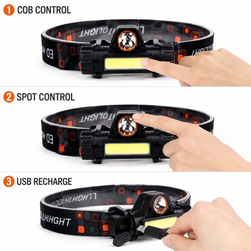 Q5 + COB LED Headlamp with Dual-Beam Lighting, Adjustable Tilt