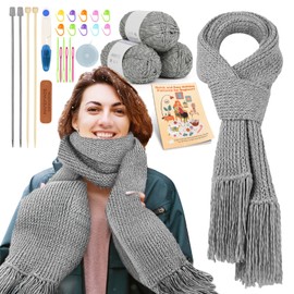 Reessy Knitting Kits for Beginners Adults, Scarve Knitting Starter Kit for Adults Learning to Knit Include Knitting Book 2 Pairs Knitting Needles Soft Yarn Balls and Leather Labels