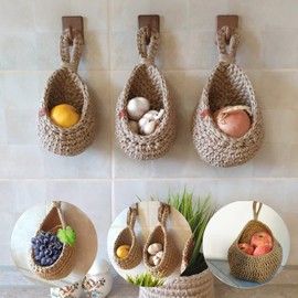 DIYARTS 2 PCS Hanging Wall Basket Teardrop Hanging Baskets, Hand Woven Wall Mounted Vegetable and Fruit Basket, Teardrop Hanging Wall Decor Baskets for Kitchen Storage, Living Room, Porch, (L+M)
