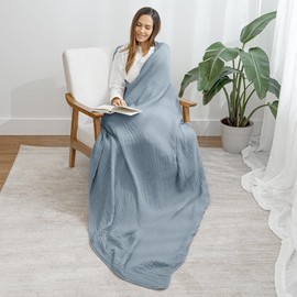 Comfy Cubs Throw Muslin Blanket, Large Size 50” x 60”, 6 Layer Cooling Cotton Softness, Breathable & Warm Throw for Bedroom, Living Room Couch (Pacific Blue, Throw - Muslin)