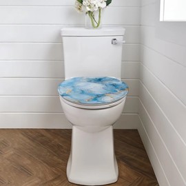 Luarisgur Light Blue Toilet Seat Covers for Bathroom - Marble Print, Decorative Washable Round Elongated Toilet Lid Cover