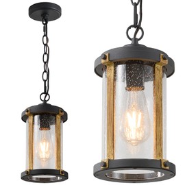 LOUSACE Outdoor Pendant Light for Porch, Black Farmhouse Wood Grain Finish Outdoor Chandelier with Clear Seeded Glass, Ceiling Hanging Exterior Pendant Porch Light Fixtures for Indoor Outside Entrance