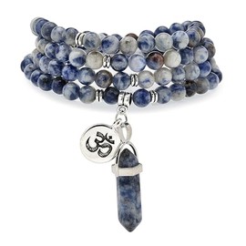 Natural Japa Mala 108 Beads Bracelet Necklace Meditation Accessories with om Chram and Reiki Quartz Hexagonal Prism Pendant, 6mm, Stone, No Gemstone