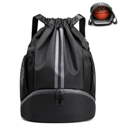 CazneJN Drawstring Sports Backpack with Shoe Compartment, Large Capacity Drawstring Gym Bag, Waterproof PE Backpack, for Football, Basketball Swimming, Holiday (Black)
