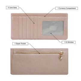 XEYOU Women Slim Rfid Blocking Credit Card Case Holder Wallet Zip ID Case Wallet Small Compact Leather Wallet Coin Purse, Rose Gold, Slim, Modern