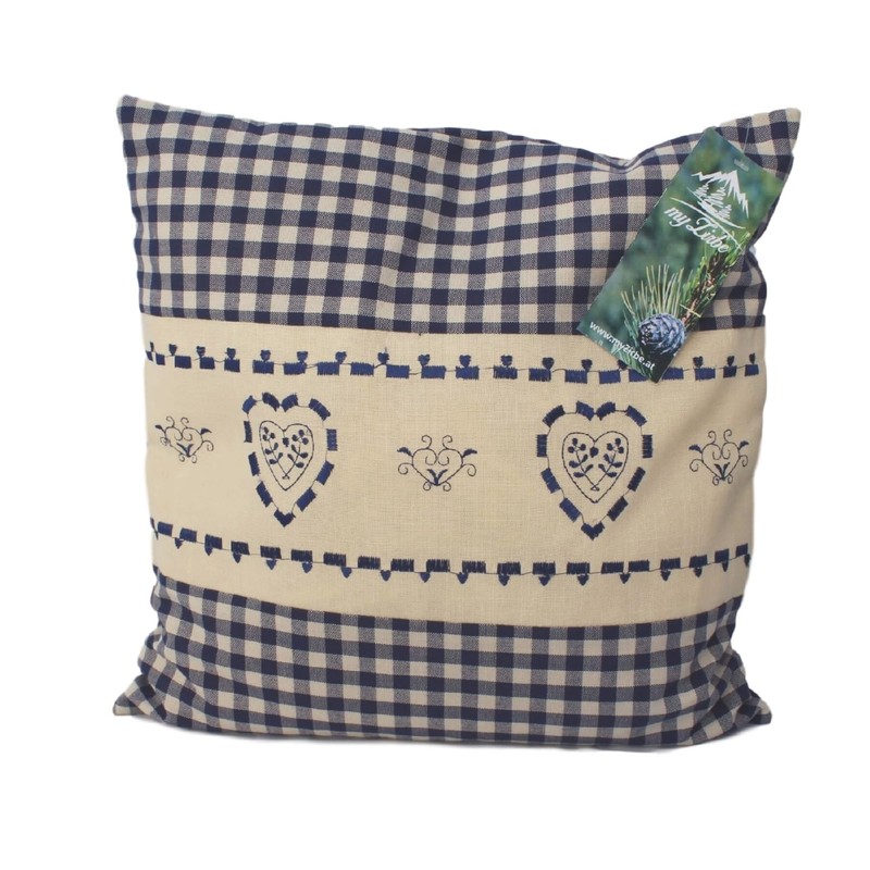 Pine Cushion Blue Checked with Heart Embroidery Filled with Pine