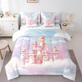 Feelyou Kids Princess 7 Pieces Bedding Set Twin Size, Castle Dreamy Comforter Set with Sheets Garden Princess Bed in A Bag Boys Girls Starry Cloud Teens Bed Set Bedroom Decor 7Pcs