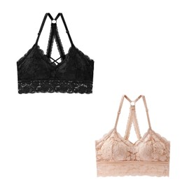 Malowinda 2pcs Women Lace Bralettes Wireless Padded Bra