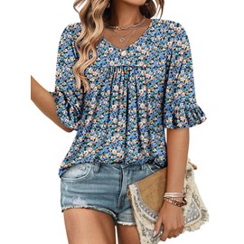 ROSELINLIN Plus Size Tops for Women 3/4 Half Sleeve Shirts Floral Tunic Tops Ladies Blouse Tops Summer Outfits Flower Sea 3XL
