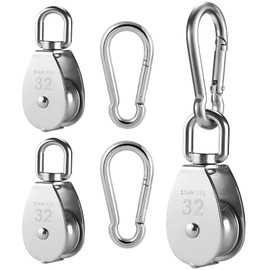 GmeDhc 32 mm pulleys for ropes, 2 pieces pulley with 2 pieces carabiner hooks, pulley stainless steel - load capacity 250 kg, for washing line, pulley system, industrial machinery, roller shutters