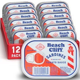 Beach Cliff Wild Caught Sardines in Tomato Sauce, 3.75 oz Can (Pack of 12) - 16g Protein per Serving - Gluten Free, Keto Friendly - Great for Pasta & Seafood Recipes