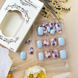 24Pcs Flower Press on Nails Short Length Square False Nails with Blue White Flower Design Full Cover Glossy Acrylic Nails Solid Color Artificial Stick on Nails Reusable Glue on Nails for Women