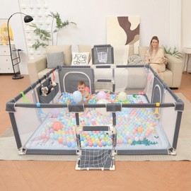 Playpen for Babies and Toddlers,73"x71"Baby Playpen with Mat Indoor＆Outdoor with Breathable Play Pen with Ocean Balls Hanging Pocket Basketball Hoop and Football Goal (Grey with Mat, 73"x71")