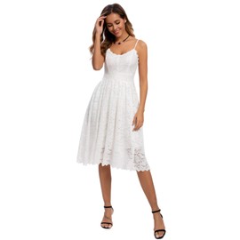 Atnlewhi Womens Spaghetti Strap V Neck Sleeveless A Line Lace Dresses for Evening Cocktail Formal Wedding Guest White